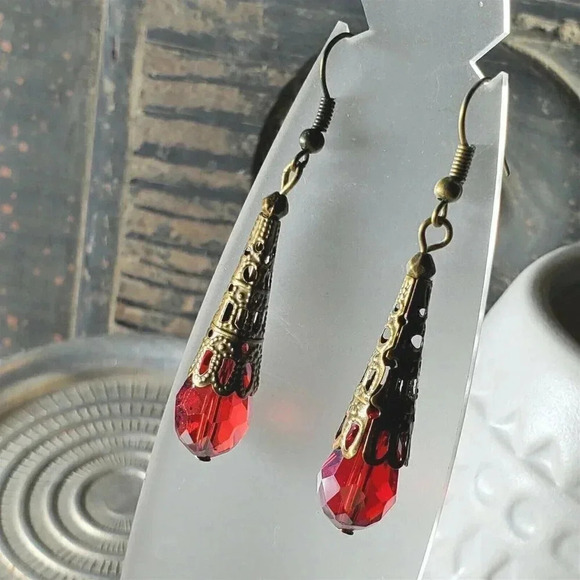 Bronze Faceted Crystal Ruby Red Luster Antiqued Filigree Teardrop Earrings - Picture 3 of 8
